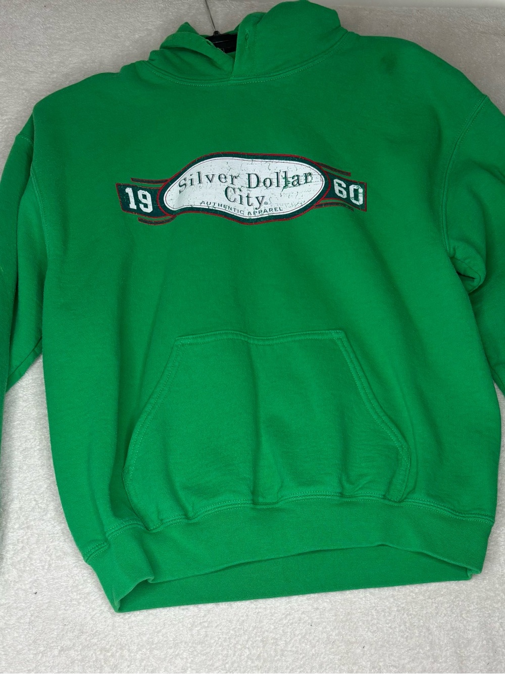 Gildan Green Crewneck Hoodie with Silver Dollar City Chest Logo